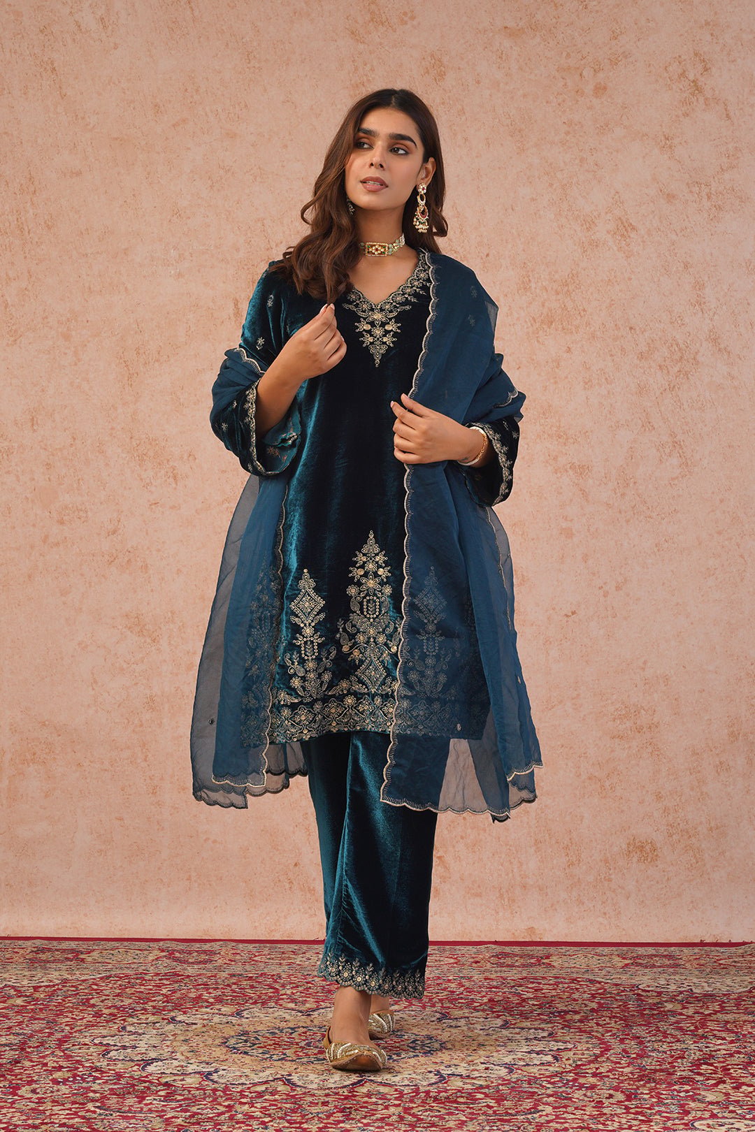 Teal Blue Velvet Embroidered Kurta Set with Dupatta