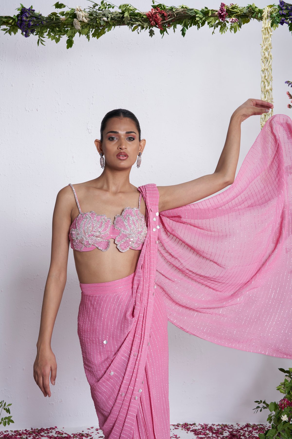 Pink Embellished Bustier and Draped Midi Skirt Co-ord Set