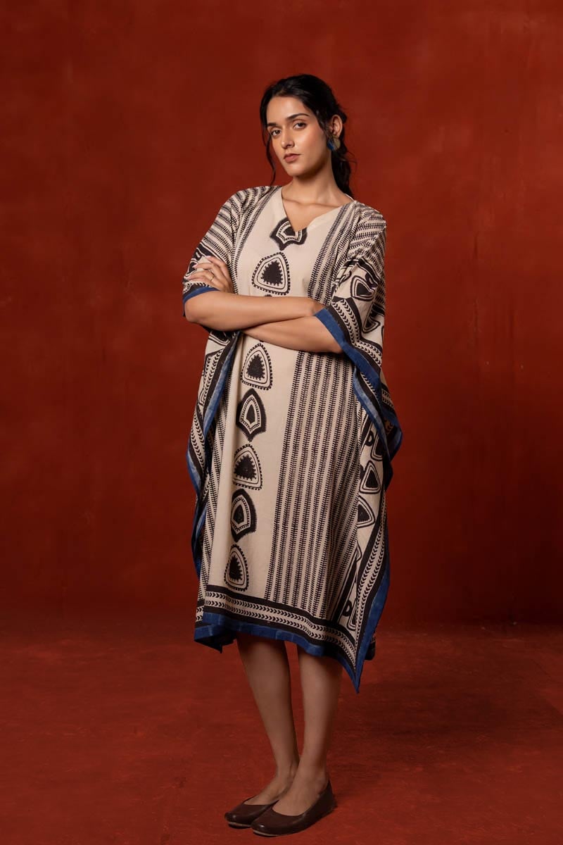 Natural White Black Block Print Cotton Kaftan Dress