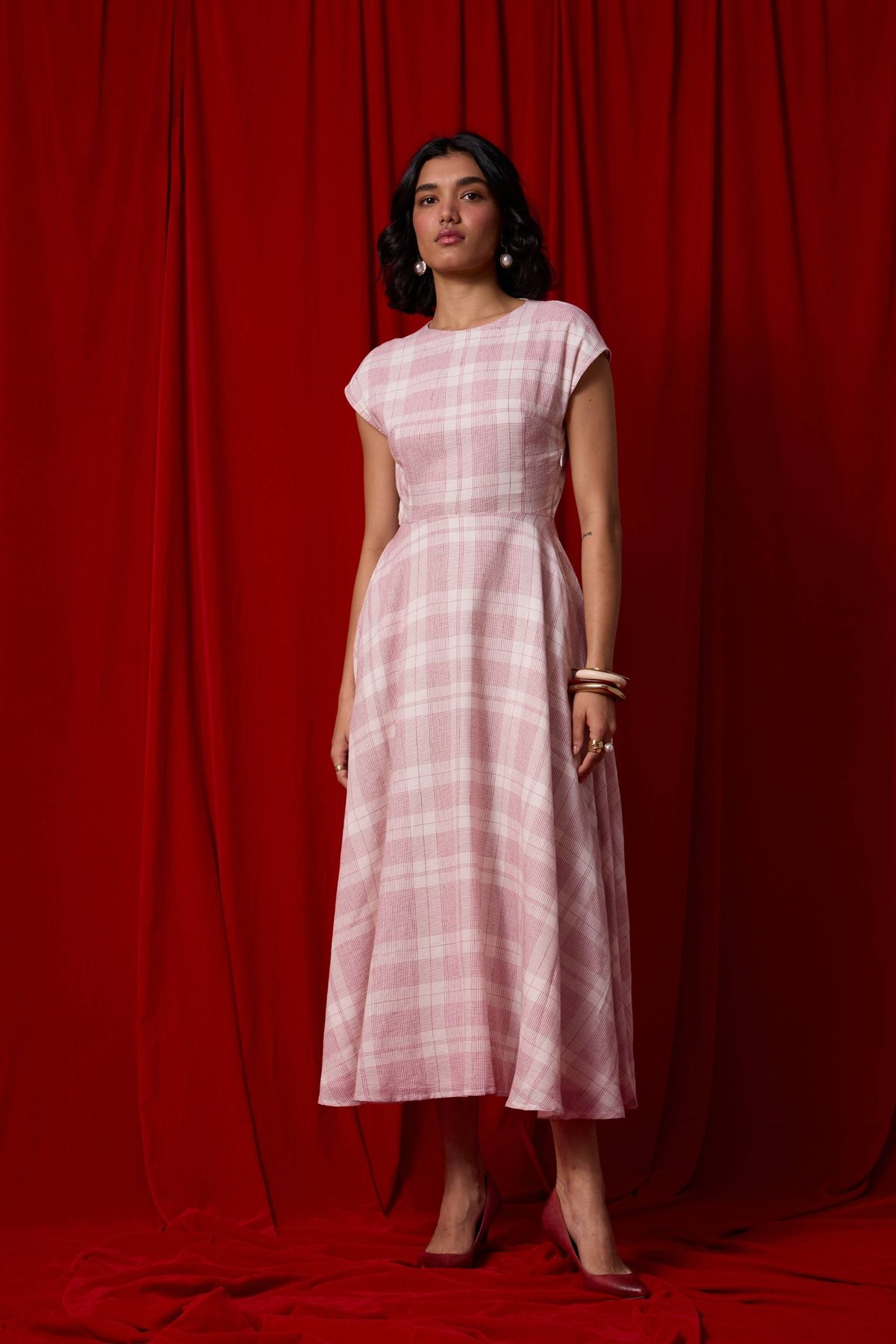 Red Checked Handwoven Cotton Fit and Flare Maxi Dress