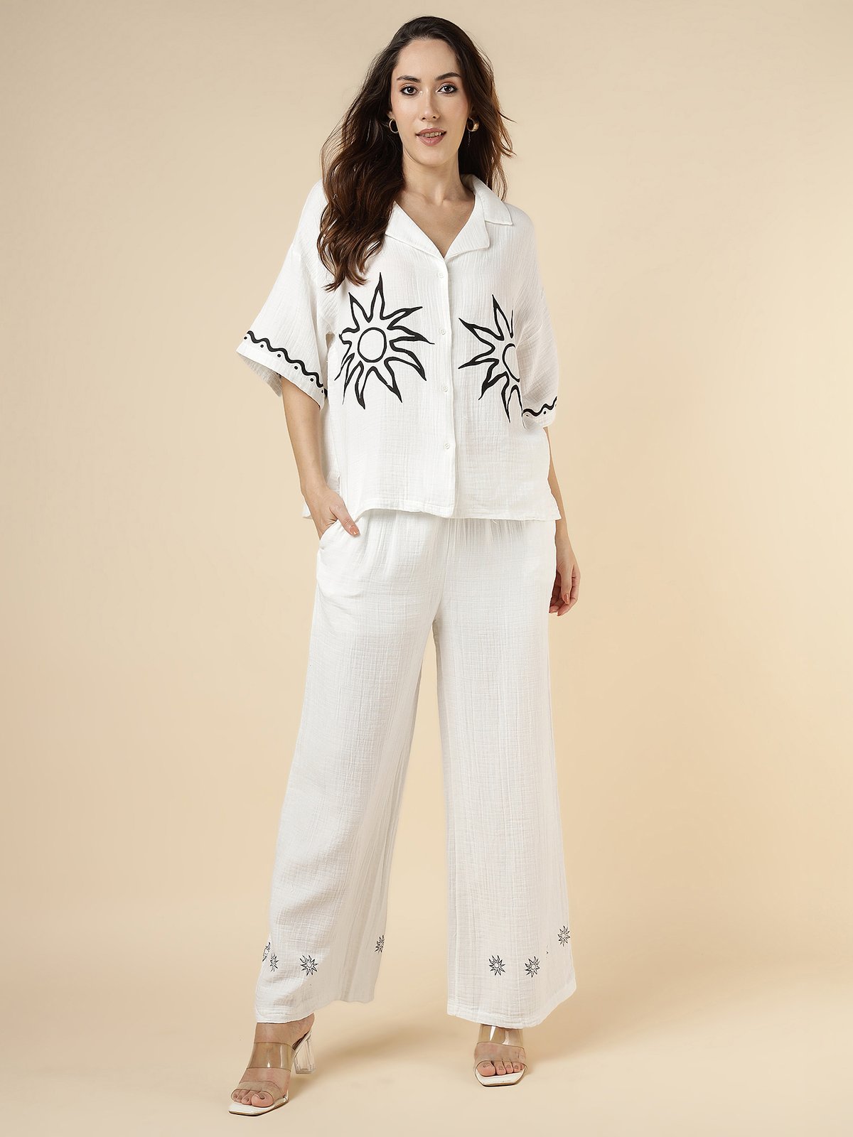 White Sun Motif Shirt and Wide-Leg Trouser Co-ord Set