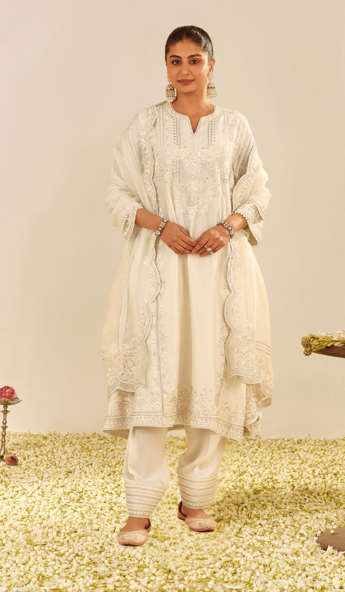 Daisy Ivory Embroidered Long Chauga Kurta Set with Salwar