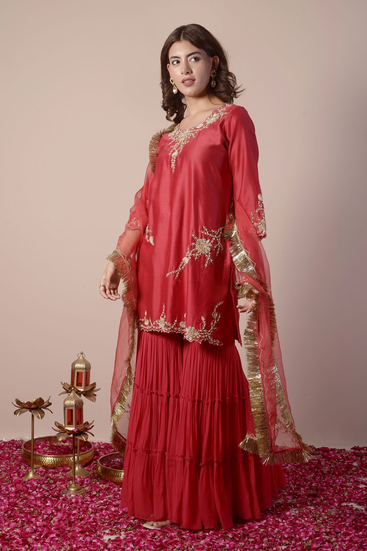 Red Embroidered Chanderi Kurta Set With Tiered Gharara