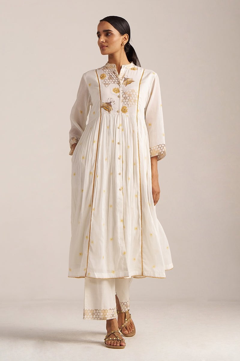 Cream Button-Down Kurta and Wide-Leg Pants Co-ord Set