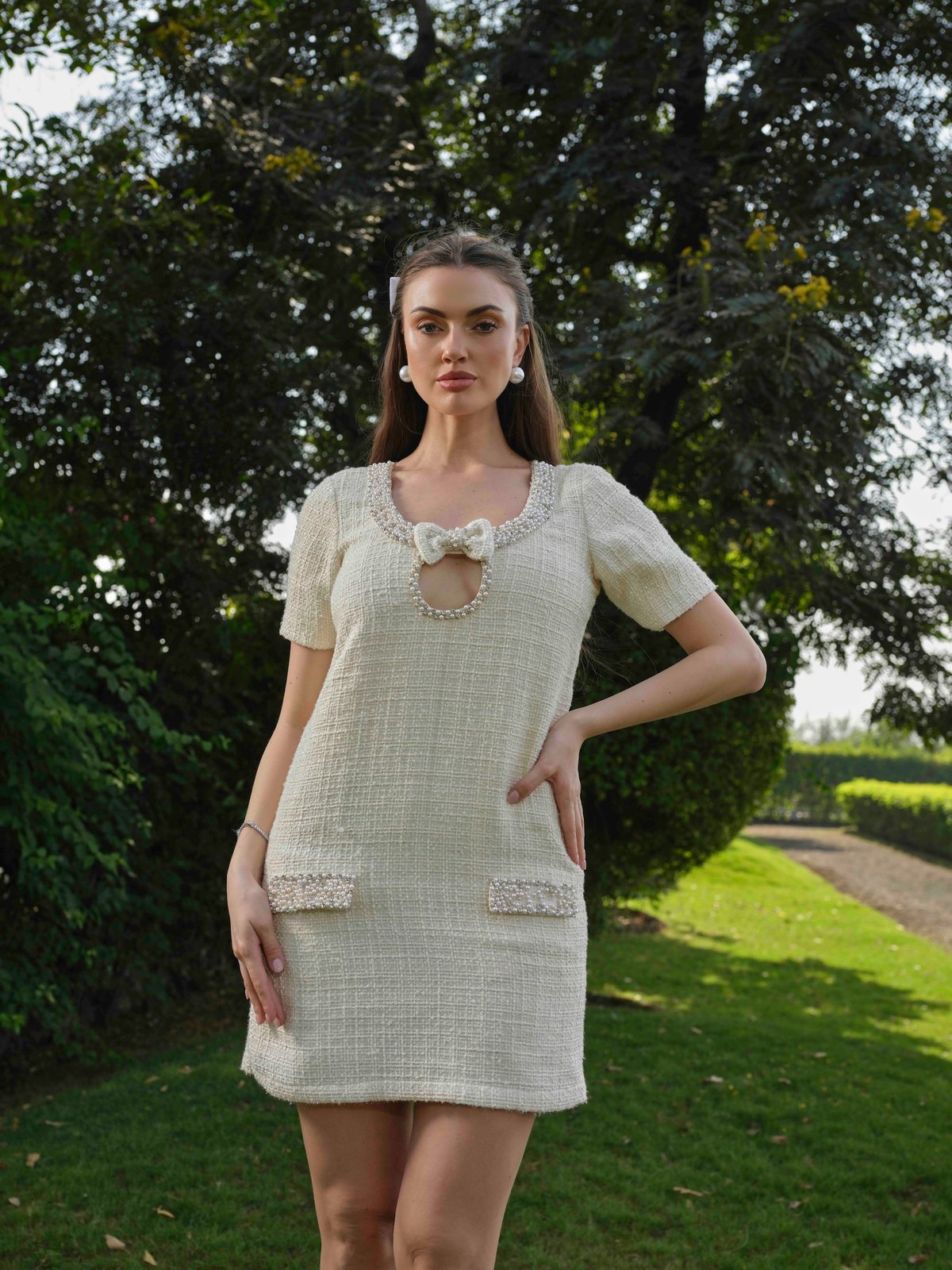 White Tweed A-Line Mini Dress with Embellished Neckline