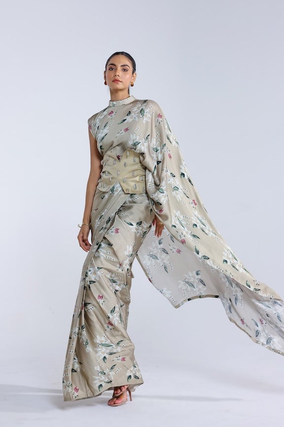 Ivory Printed Draped Saree Gown with Corset Belt