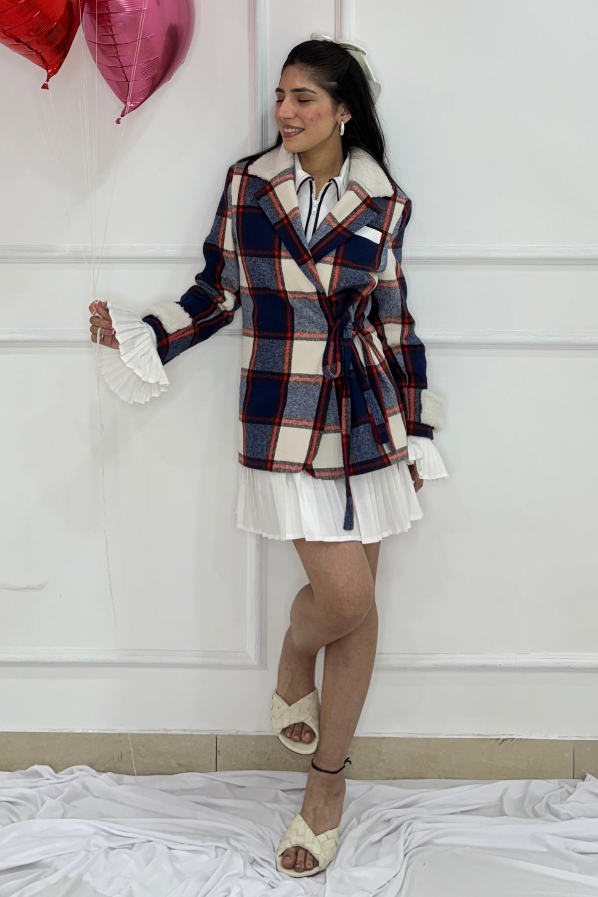 Navy Checked Wrap Blazer Mini Dress with Waist Tie