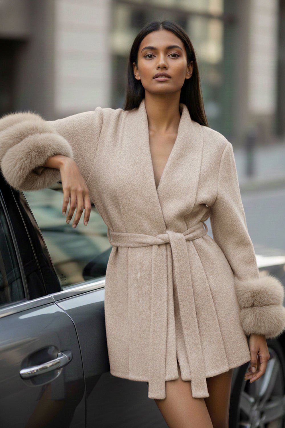 Cream Wrap Wool-Cashmere Blend Coat with Fur Cuffs
