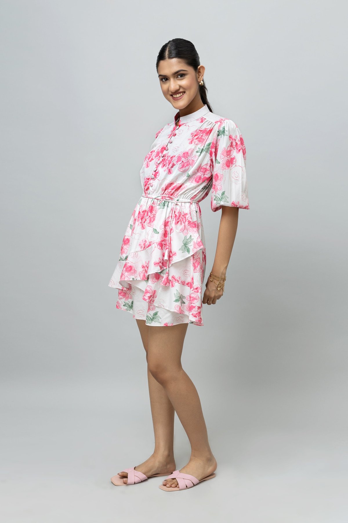 Pink Floral Fit and Flare Tiered Mini Dress
