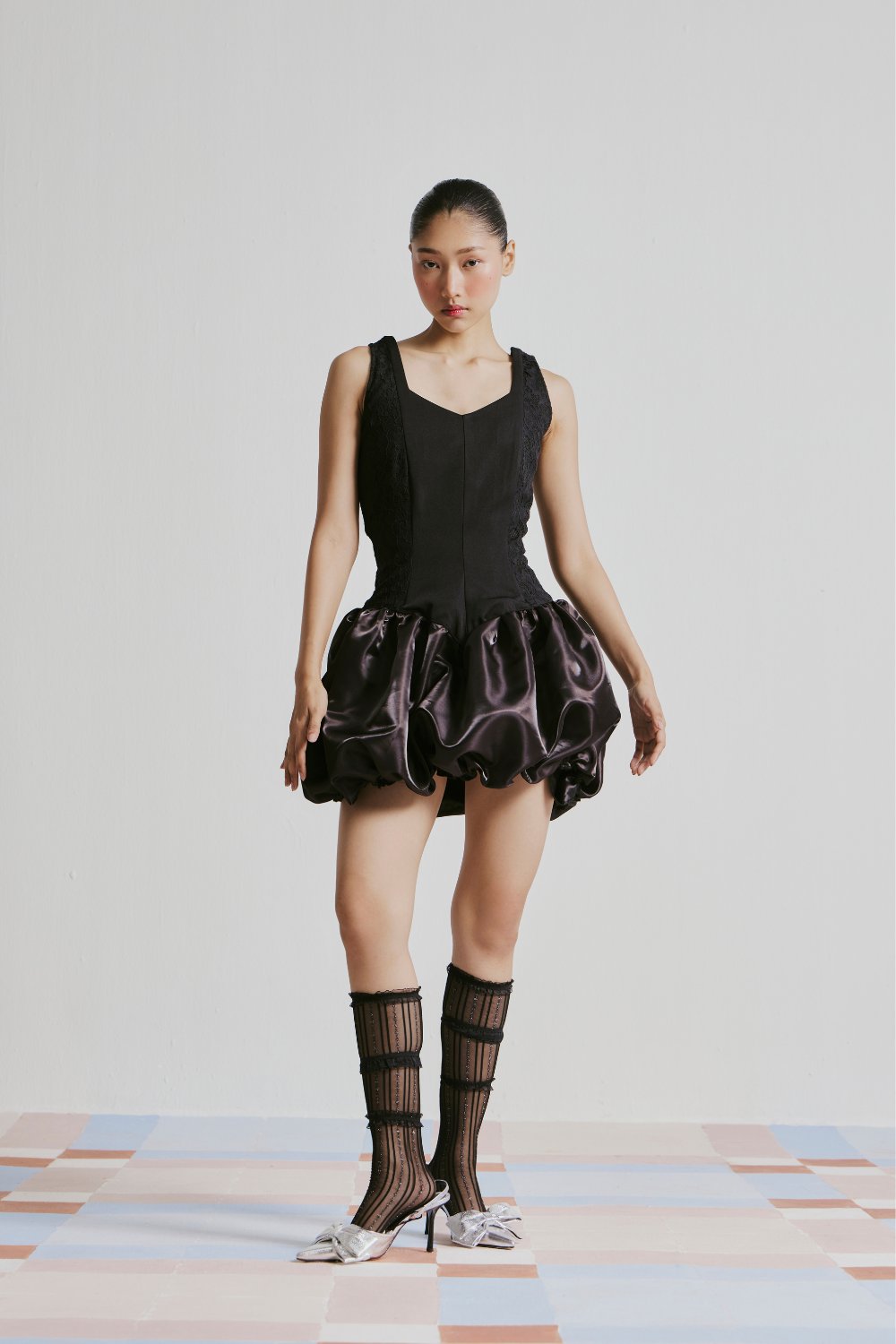 Black Corset Bodice Bubble Hem Mini Dress