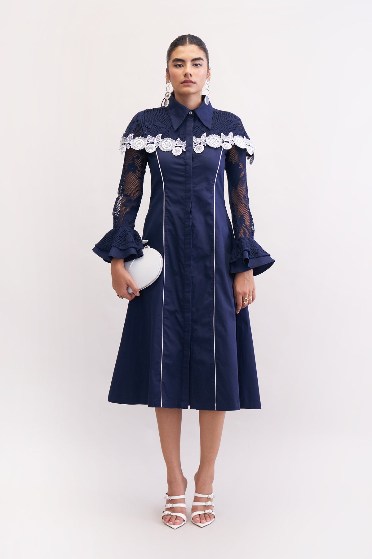 Navy Cotton Satin Lace Yoke Button-Down Midi Dress