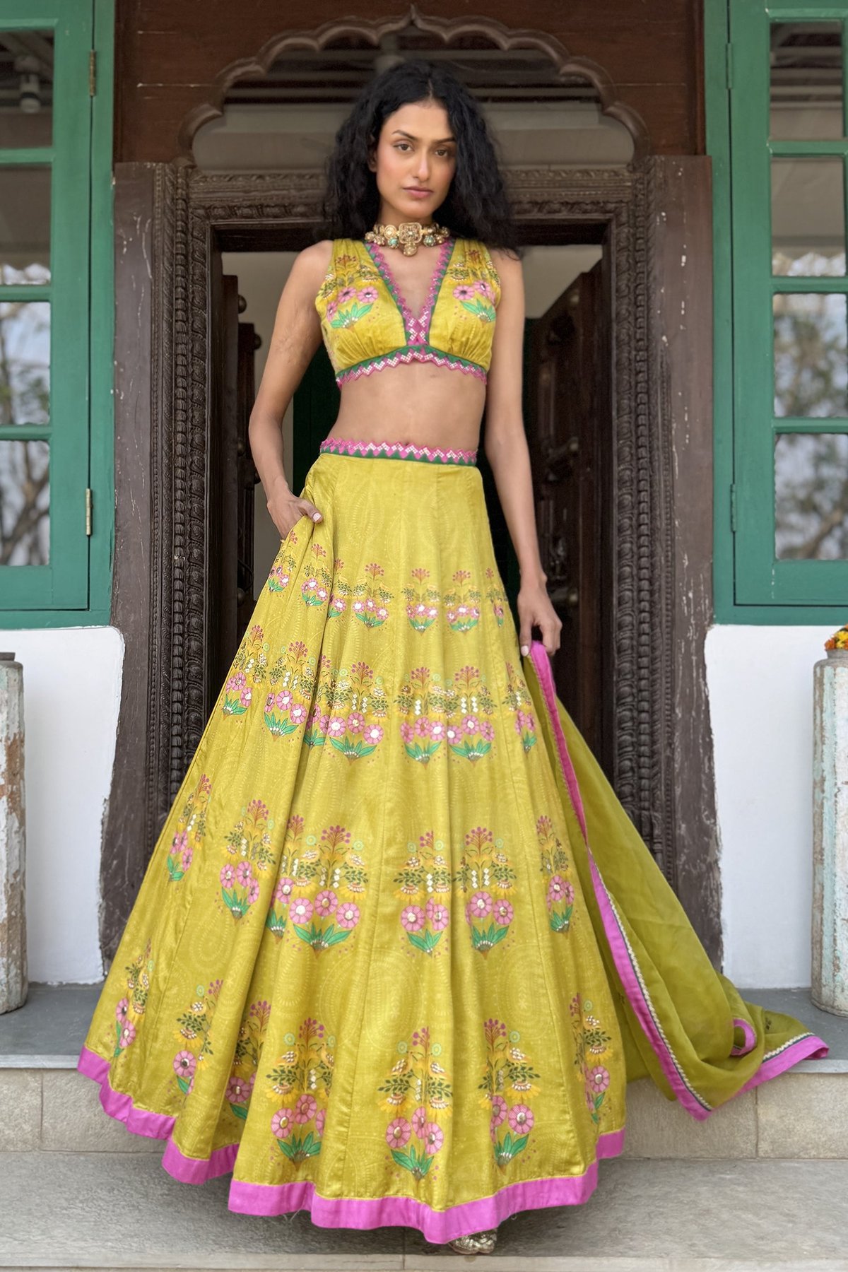 Yellow Floral Printed Lehenga Set with Organza Dupatta