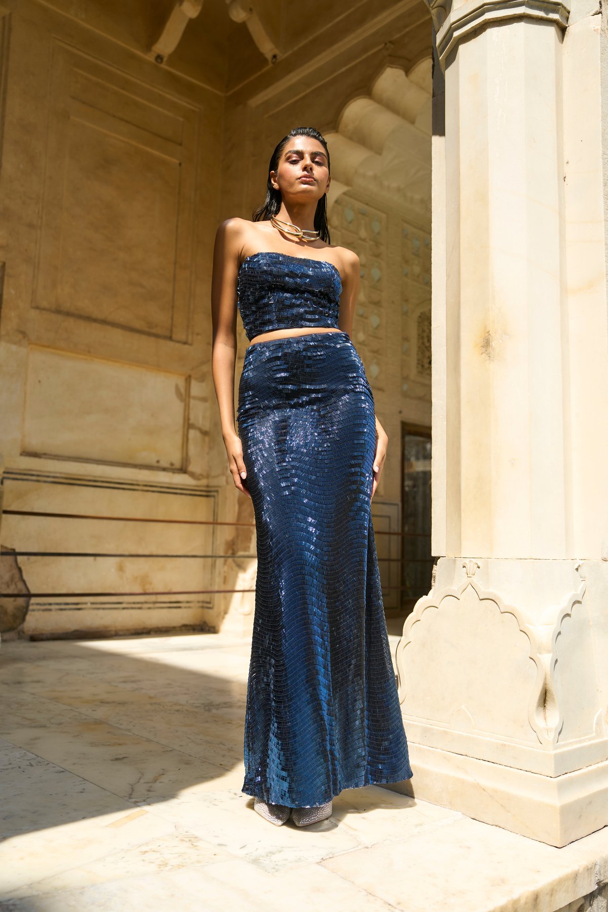 Blue Sequin Mermaid Maxi Skirt with Side Zipper