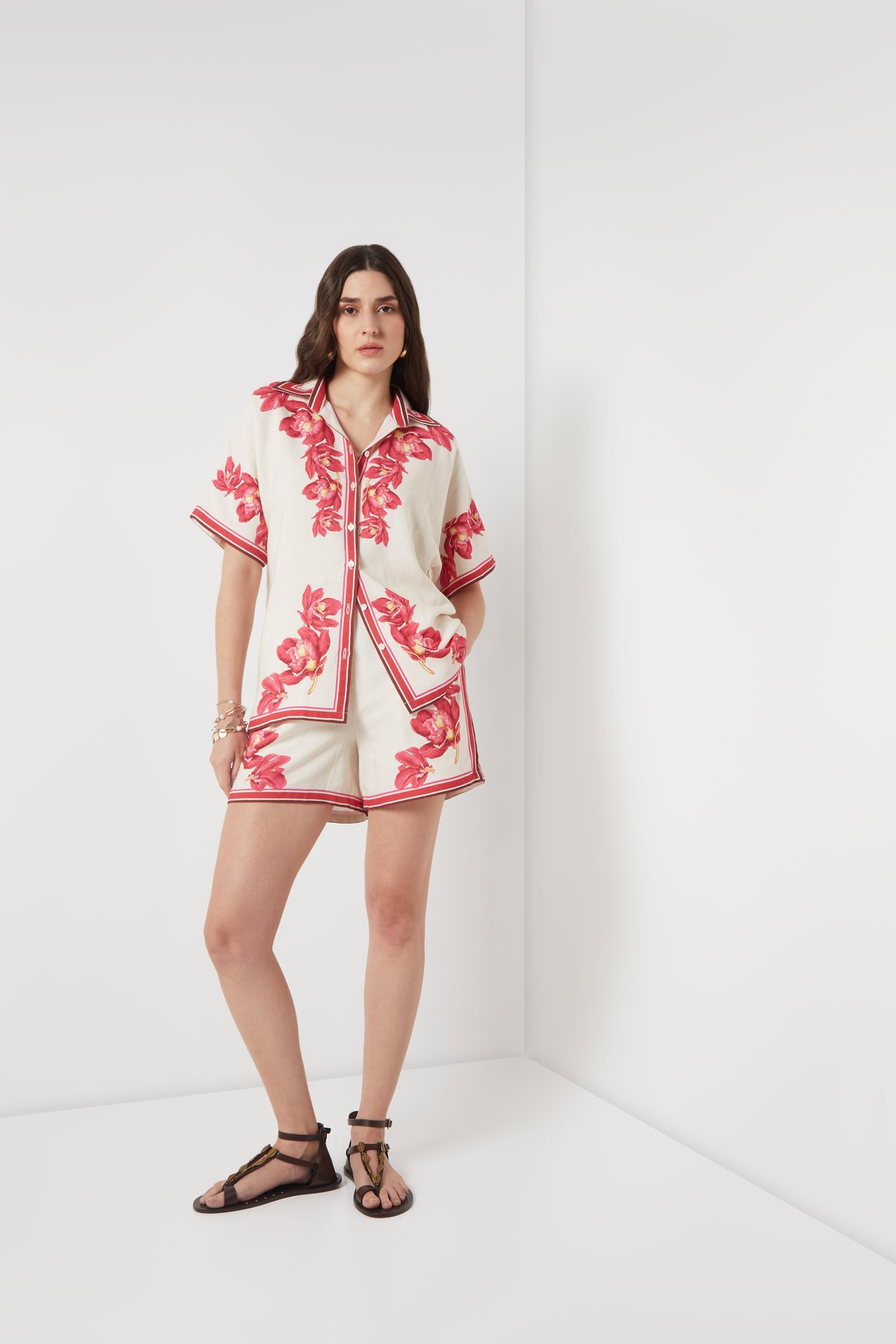 Cream/Pink Floral Cotton Linen Relaxed-Fit Shirt