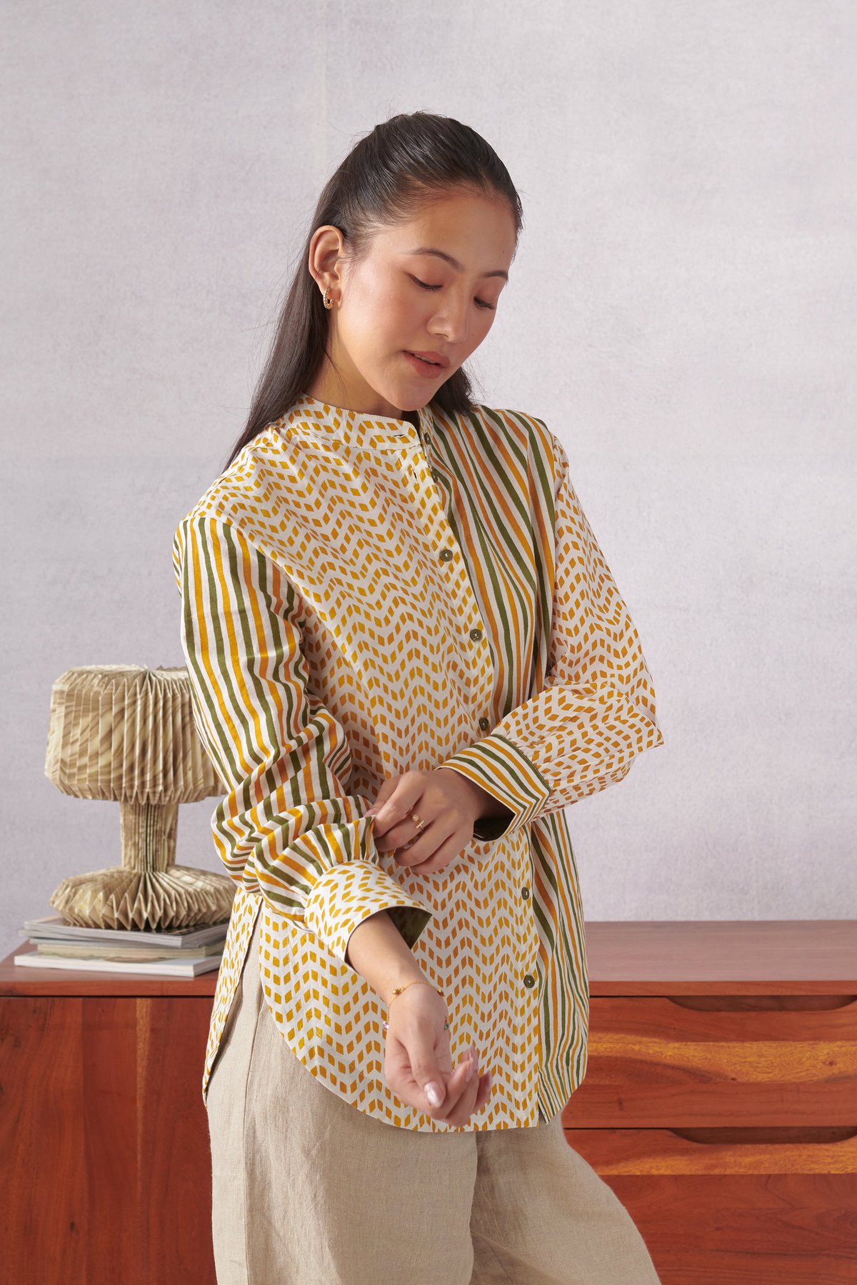 Multicolor Cotton Striped and Geometric Mandarin Collar Shirt