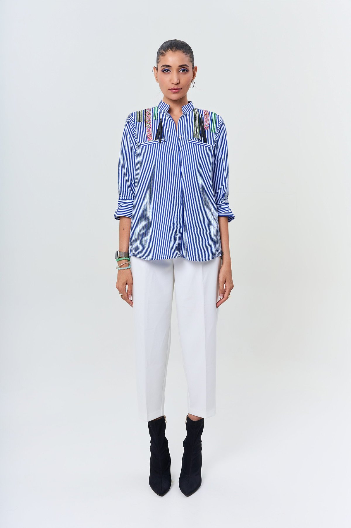 Blue and White Striped Mandarin Collar Shirt