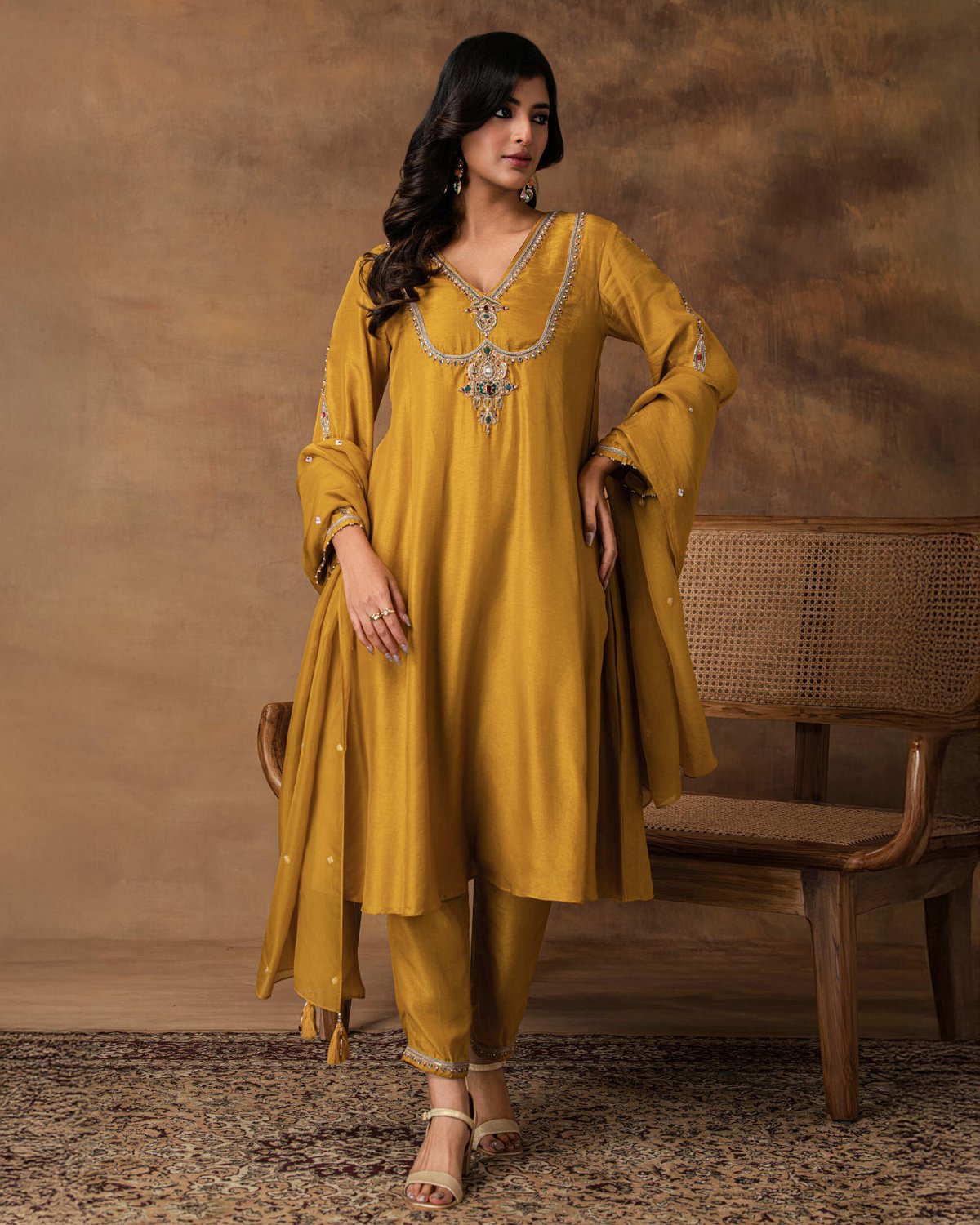 Rajsi Golden Yellow Silk Embroidered Kurta Set
