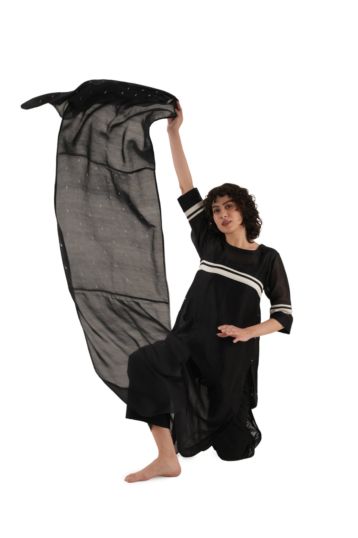 Black Round Neck Midi Co-ord Set with Pleated Back