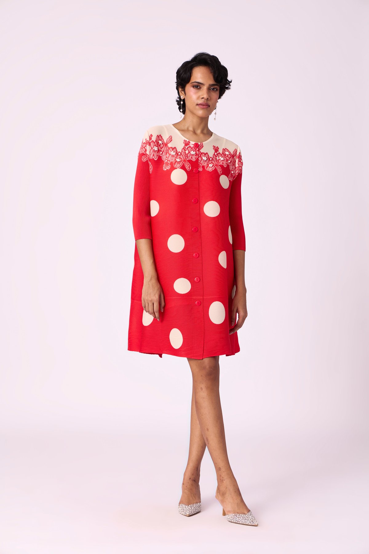 Red Polka Dot Button-Front Knee-Length A-Line Dress