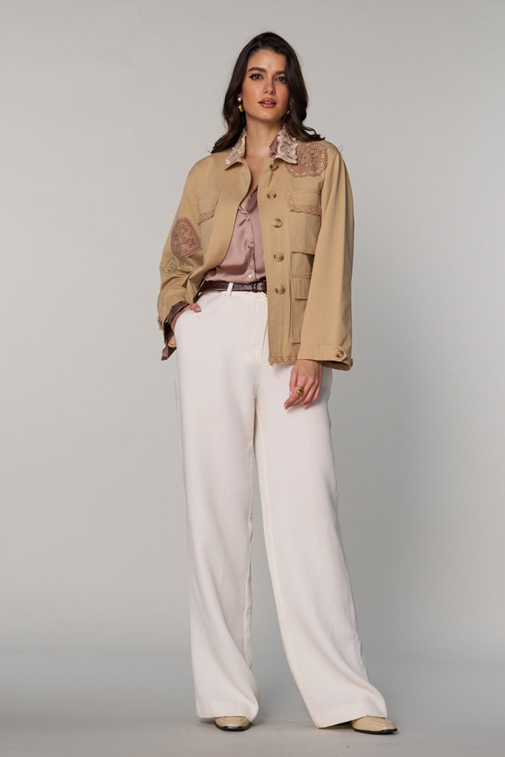 Beige Cotton Twill Lace Patch Utility Jacket
