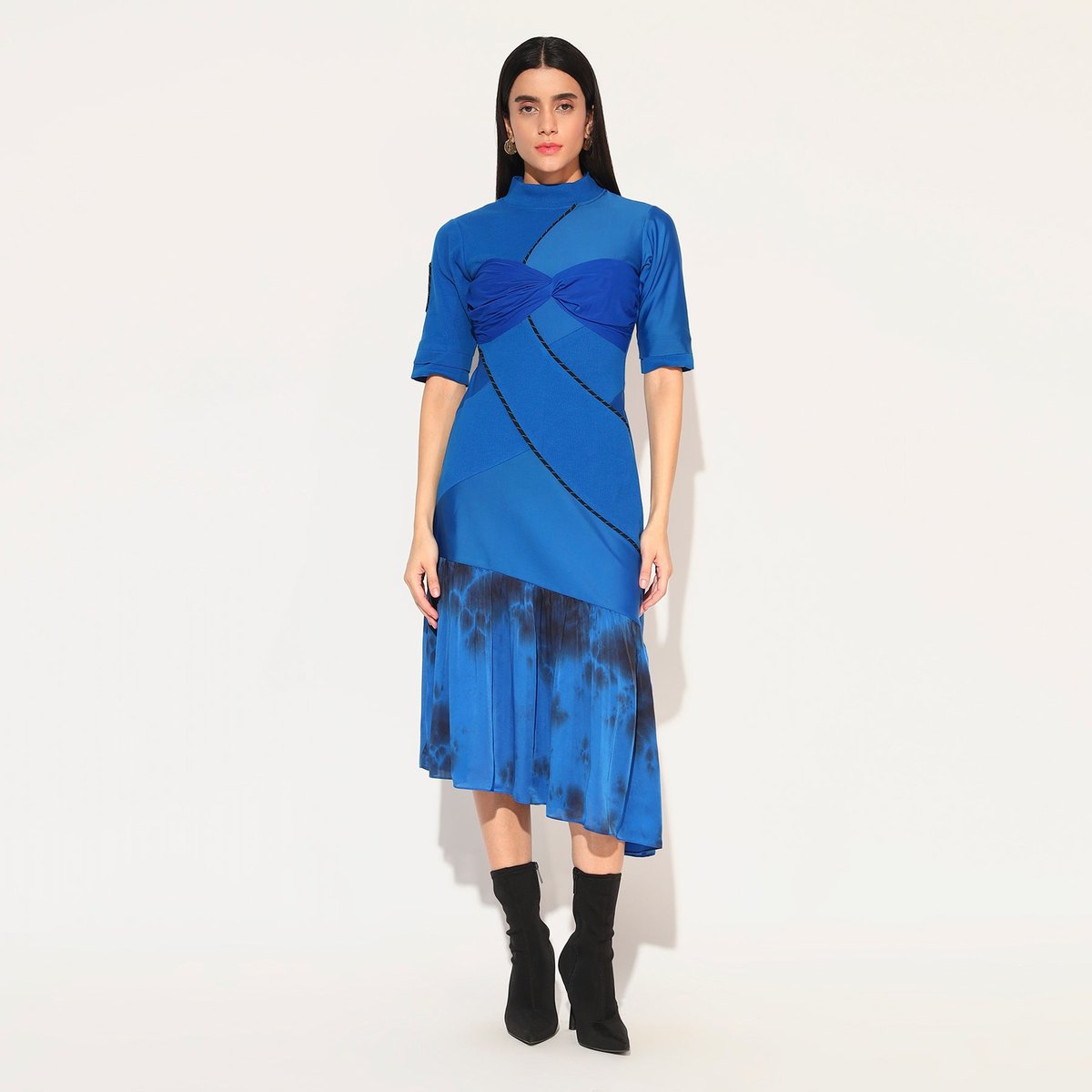 Blue High-Neck Panelled Slim-Fit Midi Dress