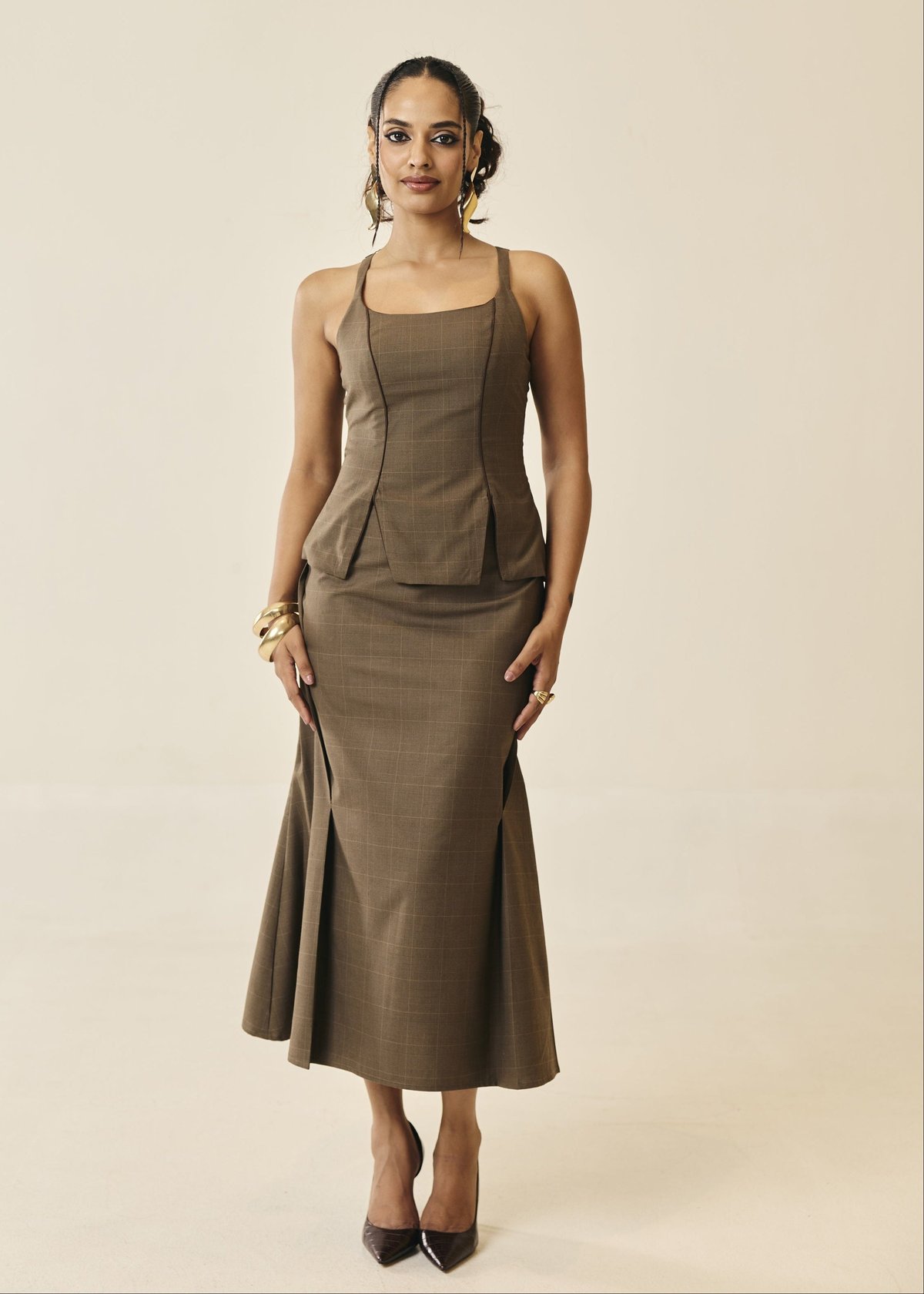 Marguerite Plaid Pleated Flared Midi Skirt