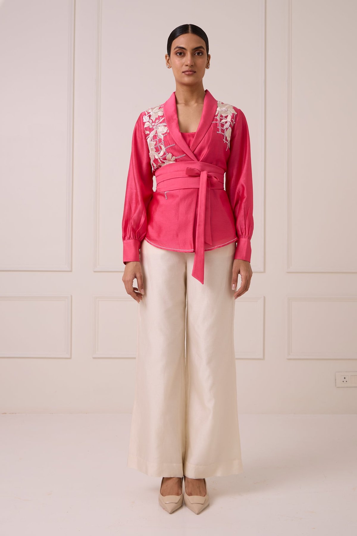 Hot Pink Embroidered Wrap Blazer and Wide-Leg Pant Co-ord