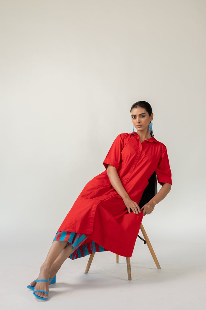 Scarlet Stride Shirt Dress With Striped Pants