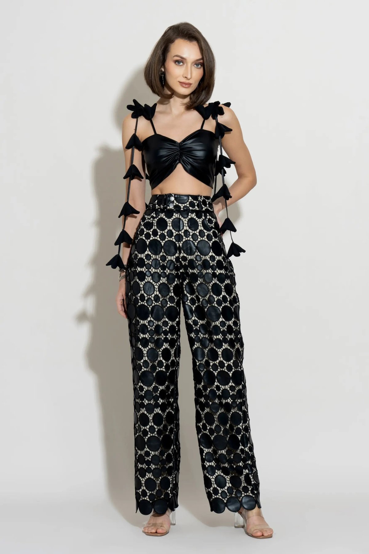 Black Faux Leather Cutwork High-Waist Bell Bottom Trousers