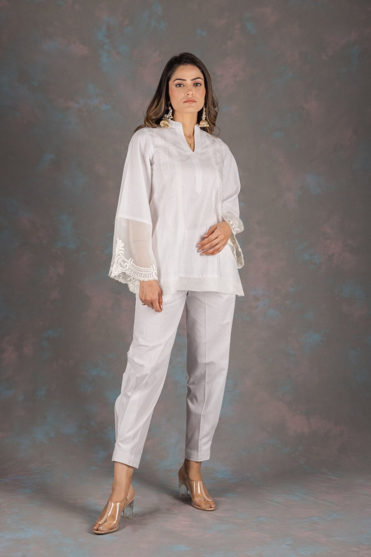 White Embroidered Cotton Co-ord Set with Tapered Pants