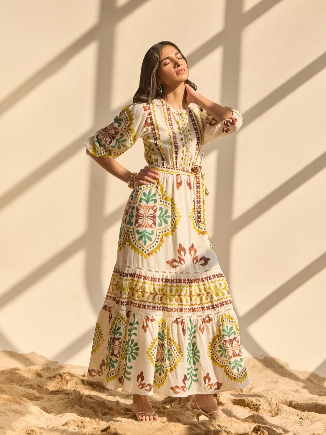 White Tribal Print Tiered Maxi Dress with Waist Tie