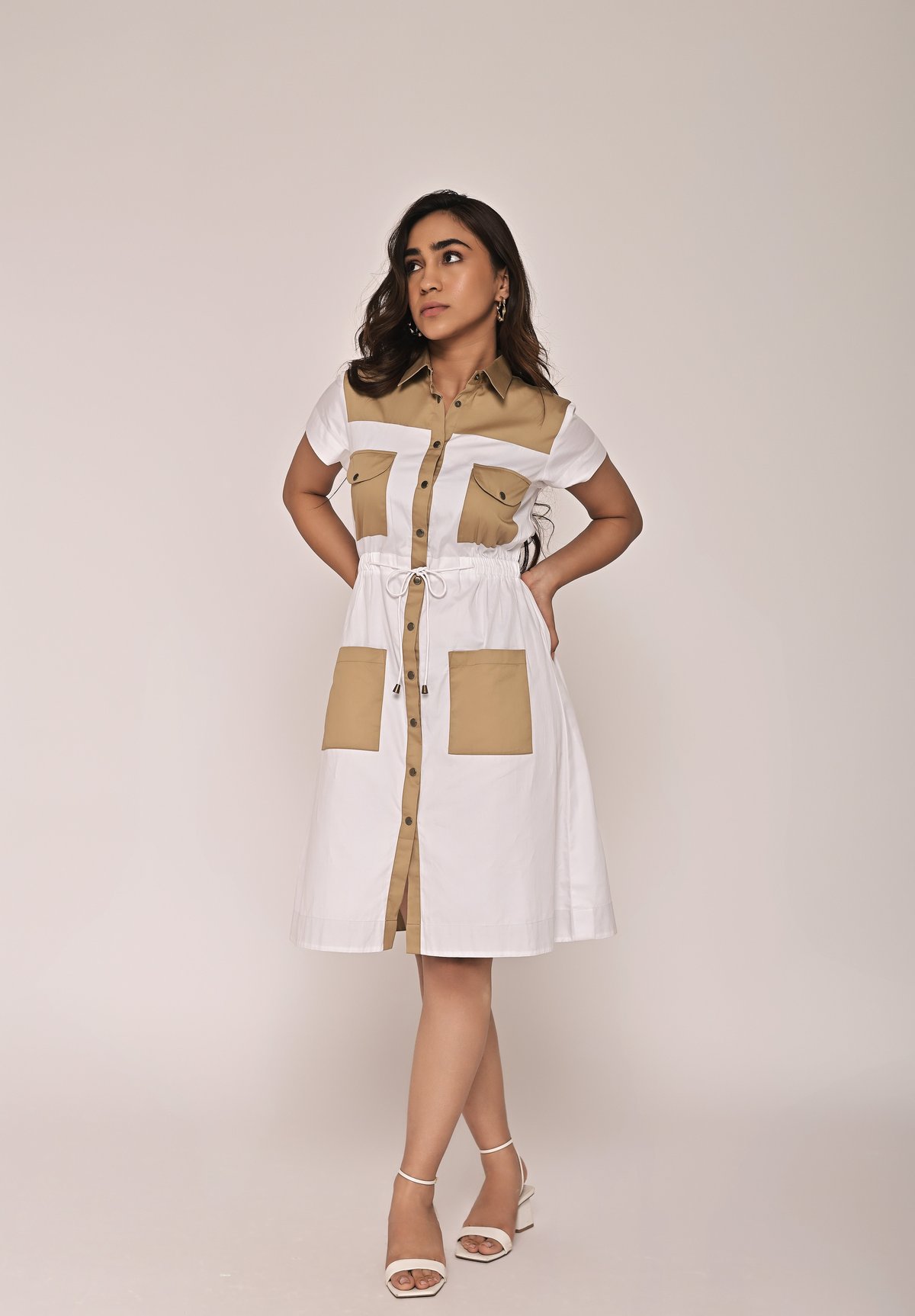 Beige and White Colorblocked Utility Shirt Dress