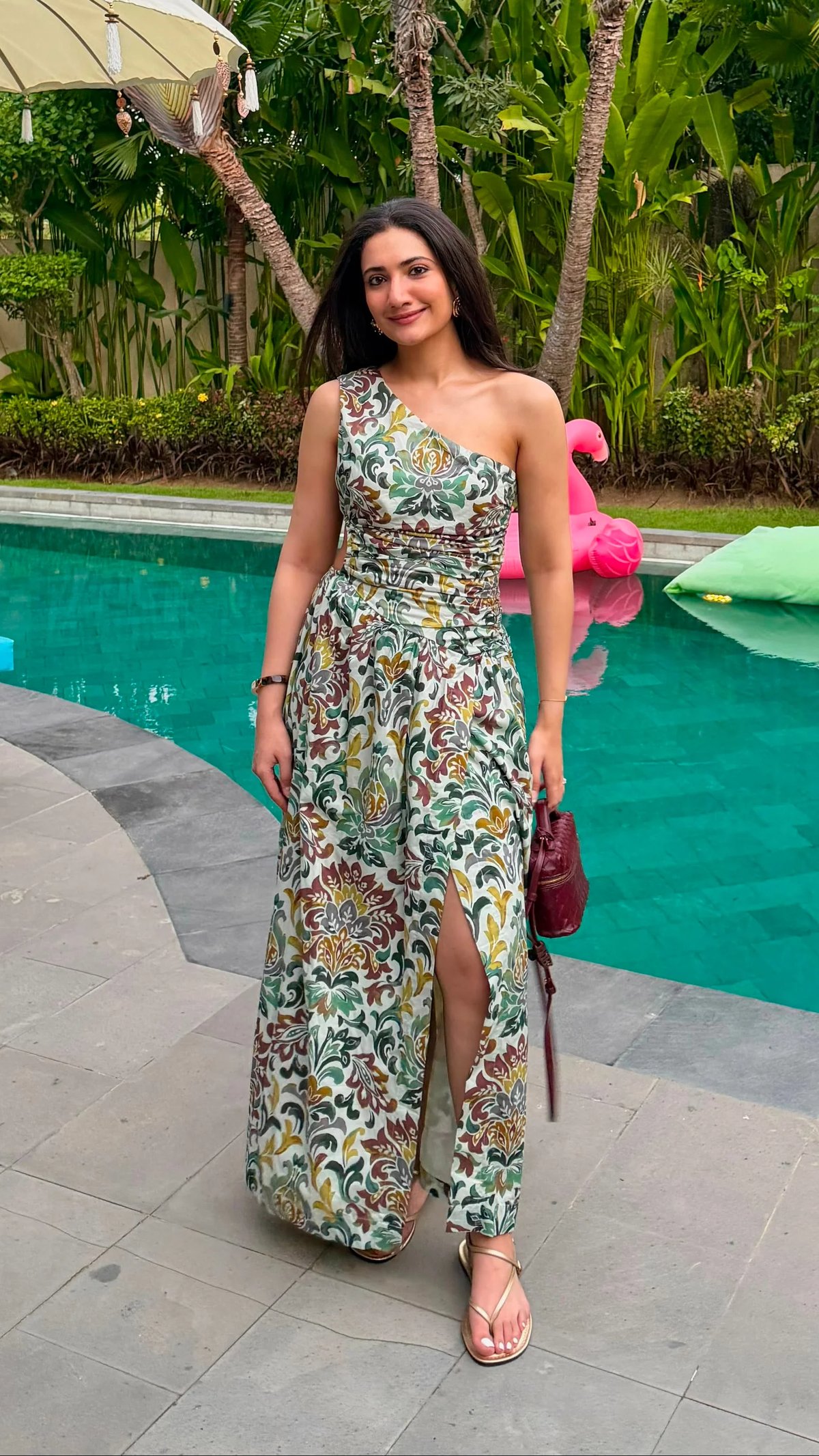 Green One-Shoulder Printed Maxi Dress with Waist Cut-Out