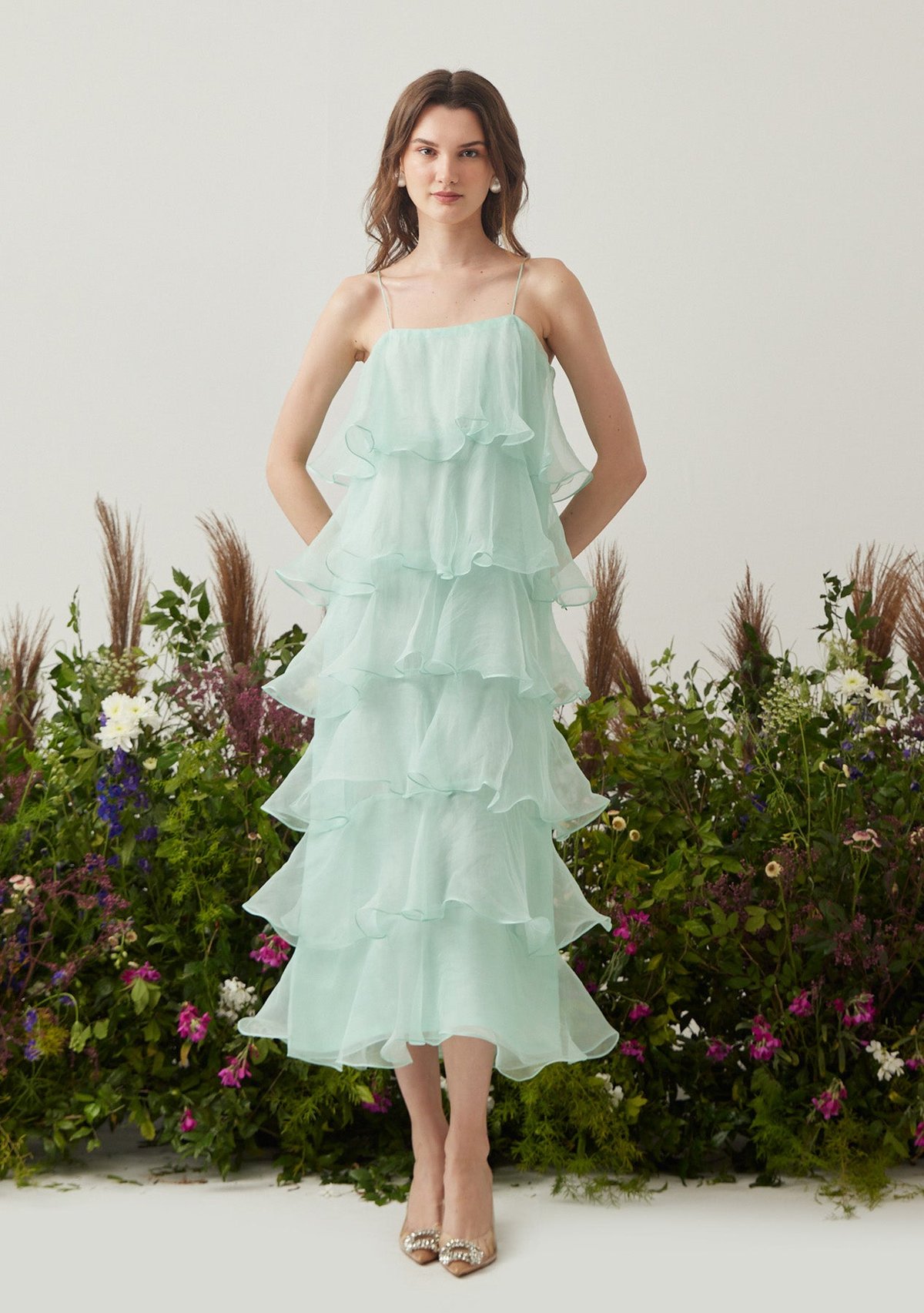 Mint Silk Organza Tiered Ruffle Midi Dress