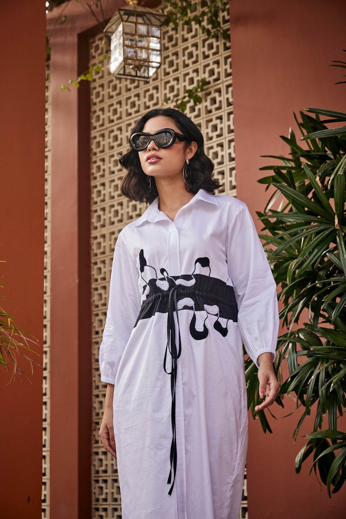 Ink Bloom Sculpted White Tunic Dress