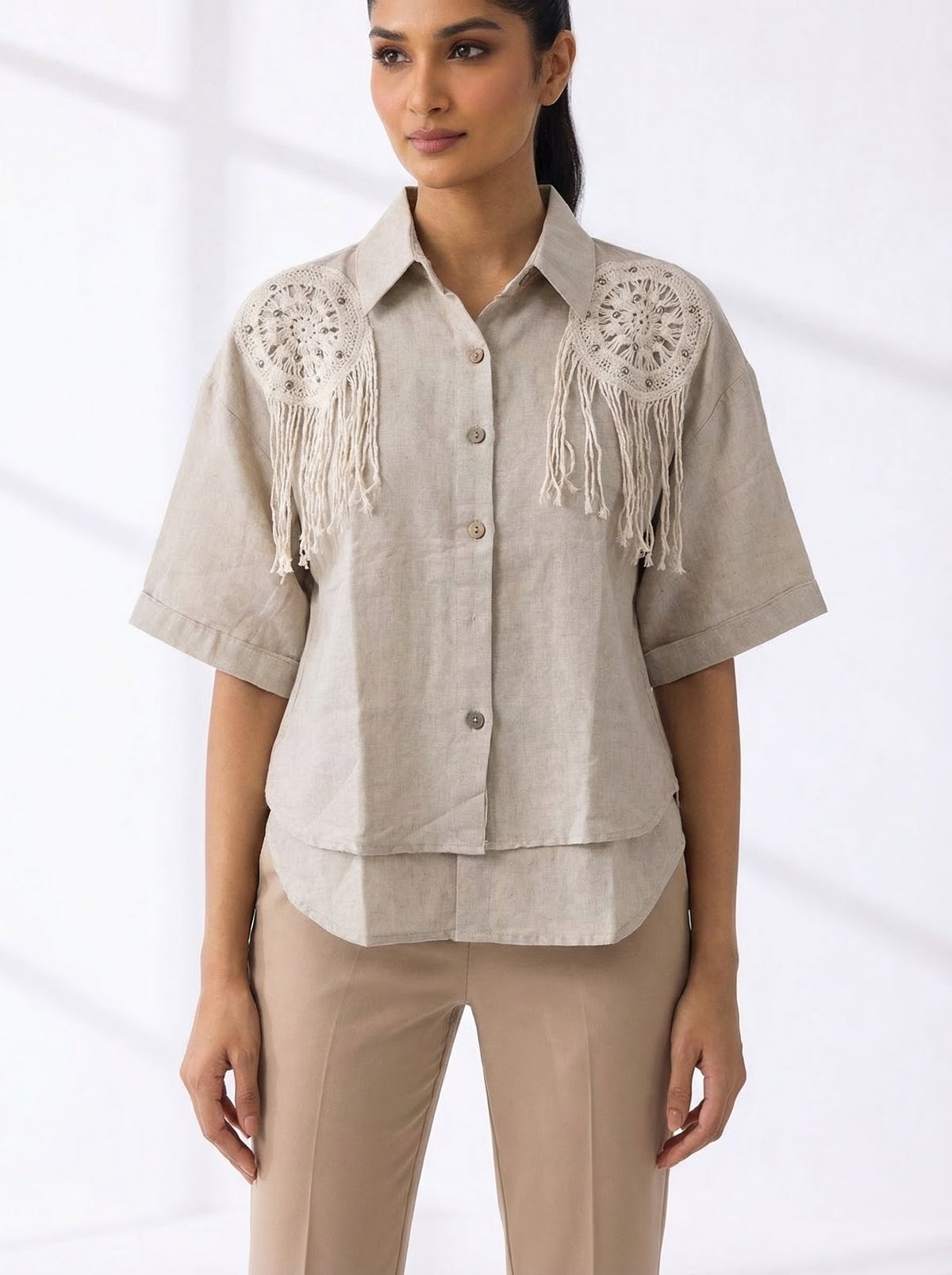 Beige Crochet Shoulder Fringe Detail Button-Down Shirt