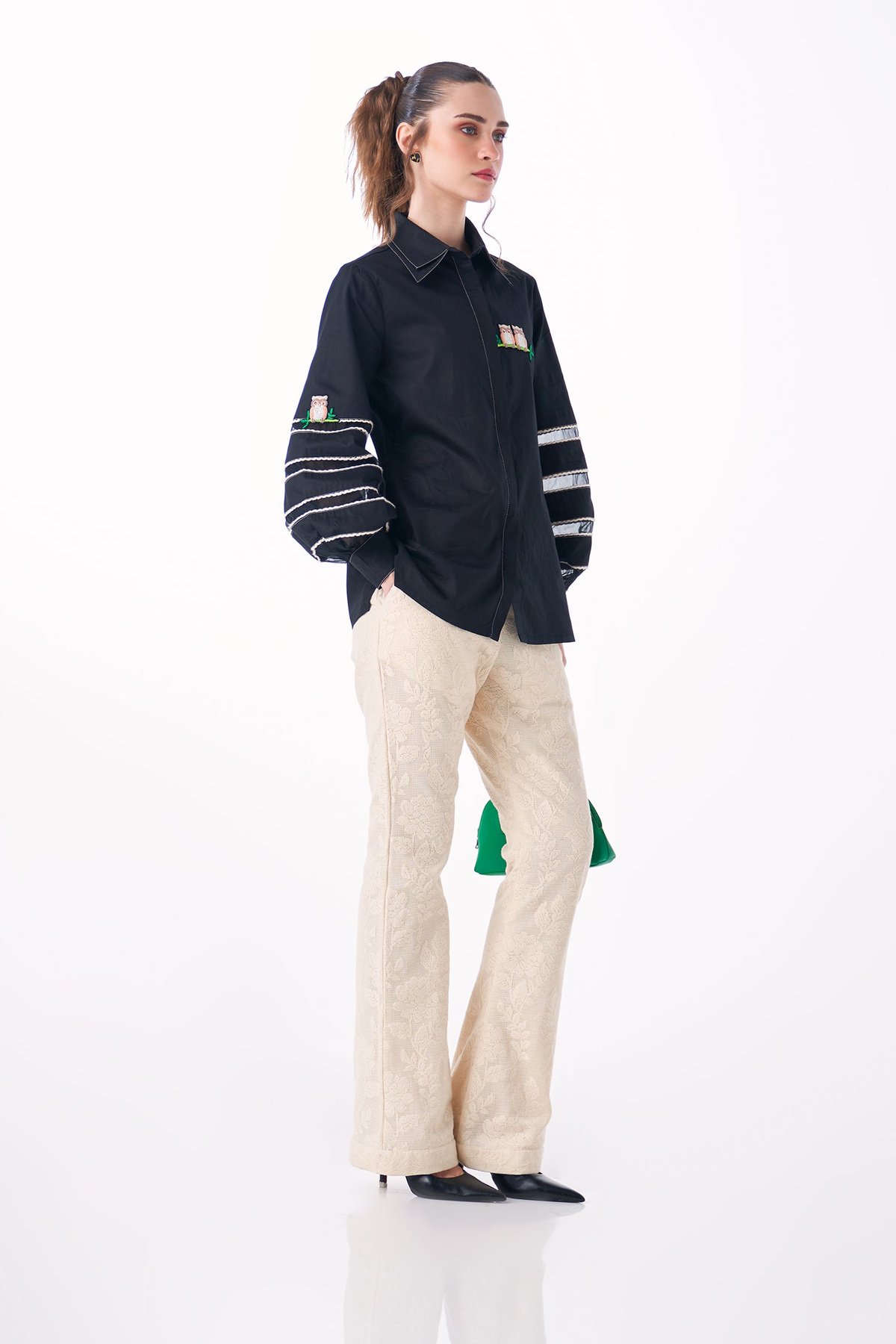 Black Cotton Satin Embroidered Shirt with Balloon Sleeves
