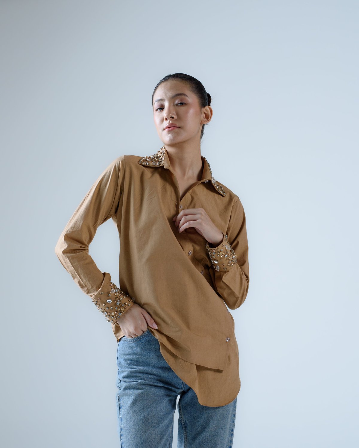 Camel Cotton Poplin Longline Overlap Embellished Shirt