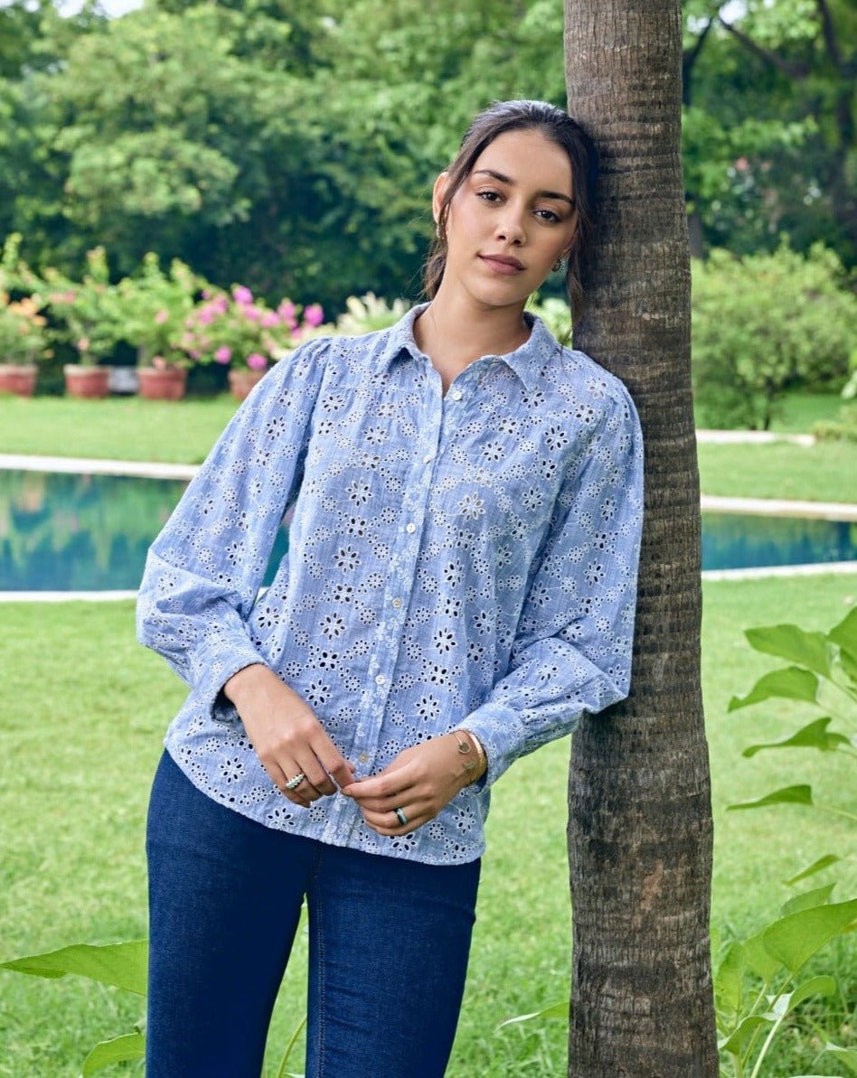 Grey Cambric Schiffli Button-Down Shirt with Bishop Sleeves