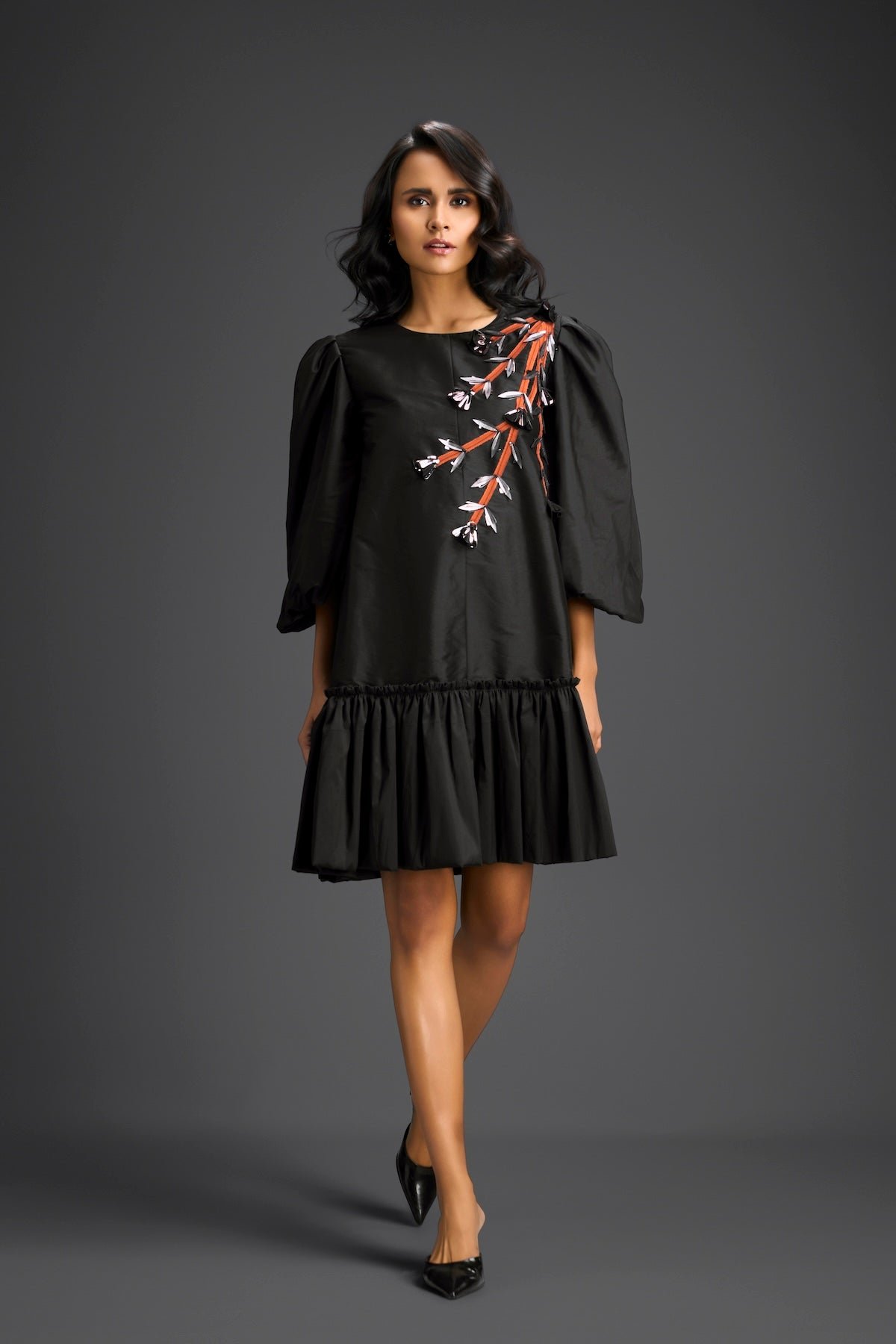 Black/Rust Embroidered Puff Sleeve Smock Mini Dress