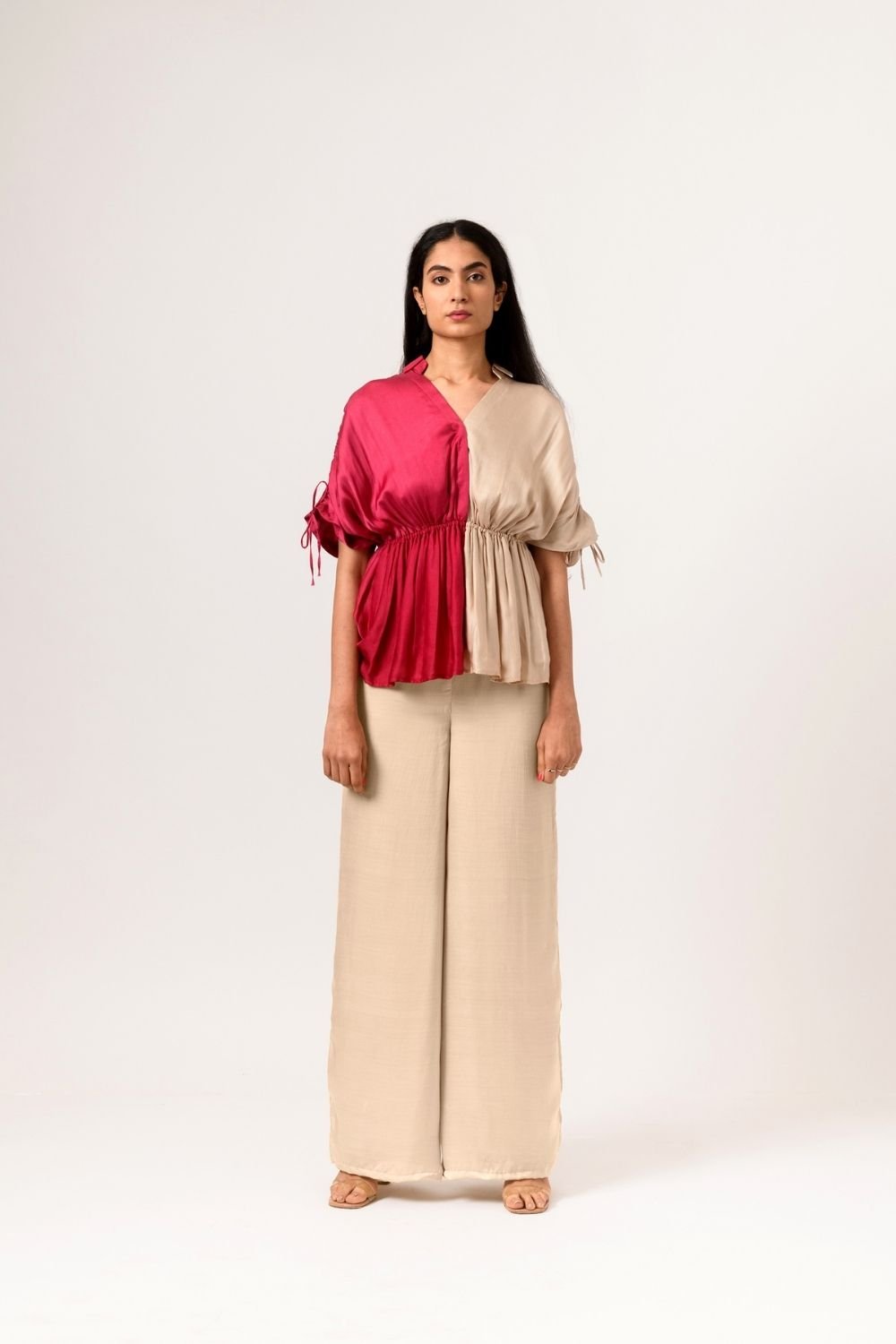 Ecru-Wine Colorblock Peplum Blouse with Tie-Up Sleeves