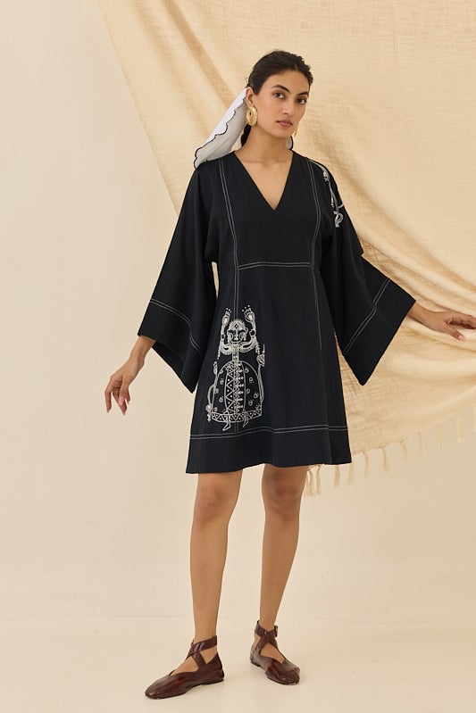 Black Kala Cotton Mini Shift Dress with White Embroidery