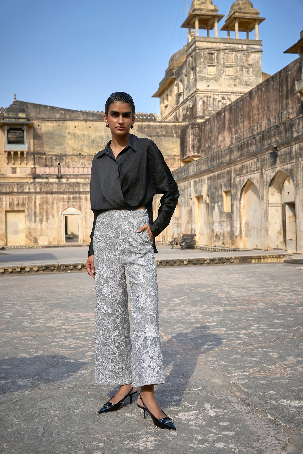 Black Satin Crepe Draped Shirt with High-Low Hem