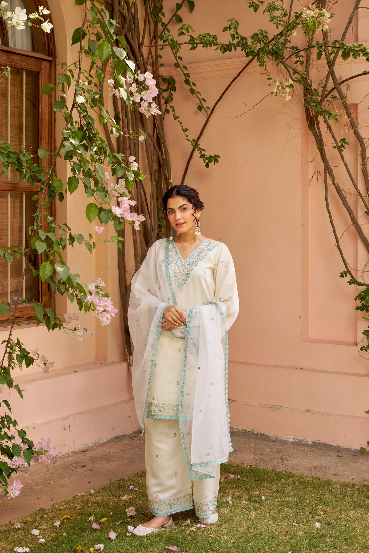 Ivory Ombre Chanderi Embroidered Straight Suit Set