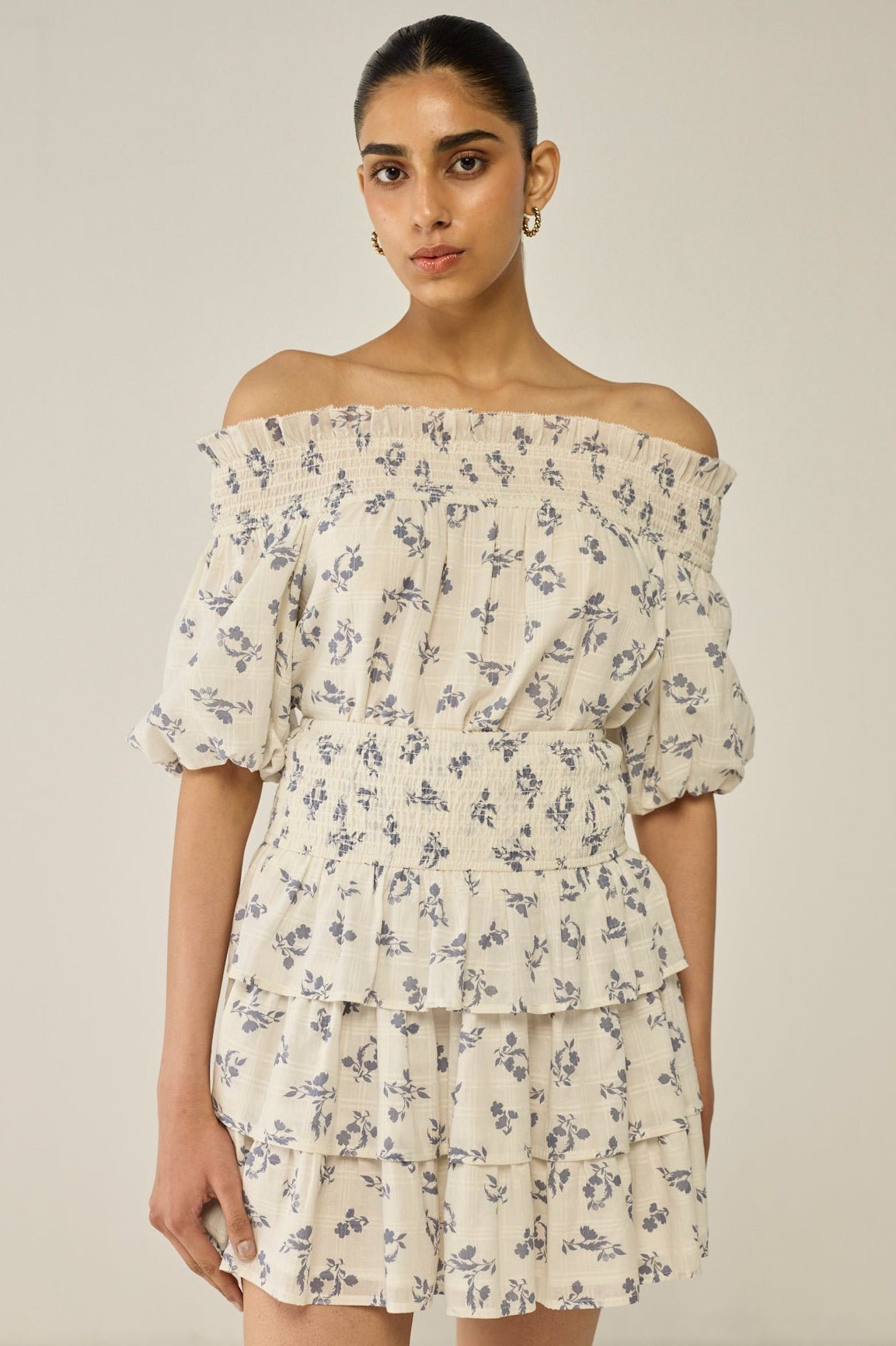 Blue Floral Dobby Skirt And Blouse Co-ord Set