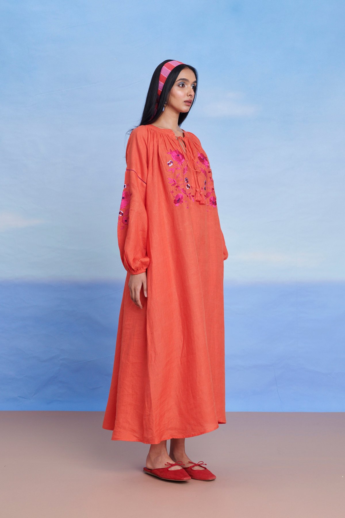 Orange Linen Embroidered Maxi Dress with Tie-Up Neck
