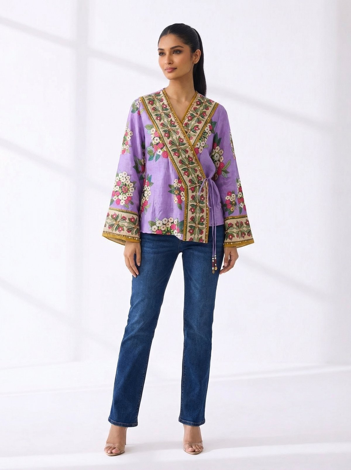Purple/Beige Linen Floral Wrap Co-ord Set