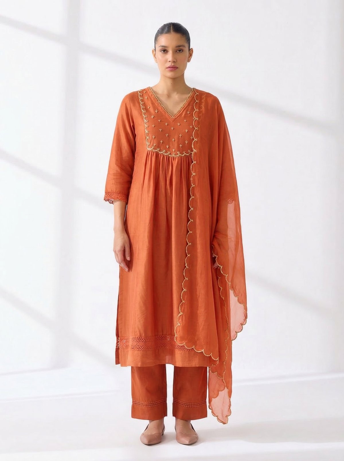 Burnt Orange Chanderi A-Line Kurta Set with Dupatta