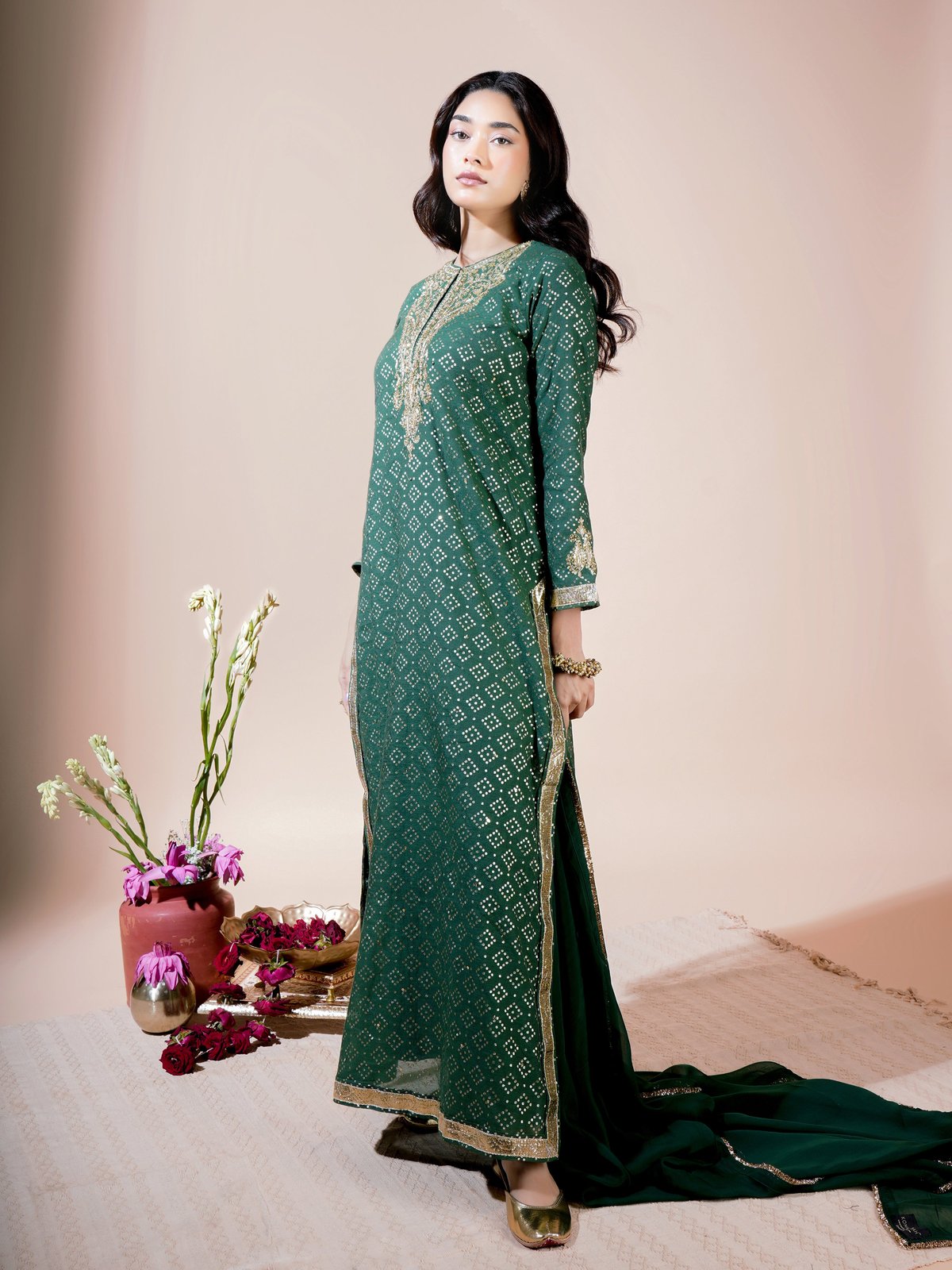 Bottle Green Zari Butta Kaftan Kurta Set