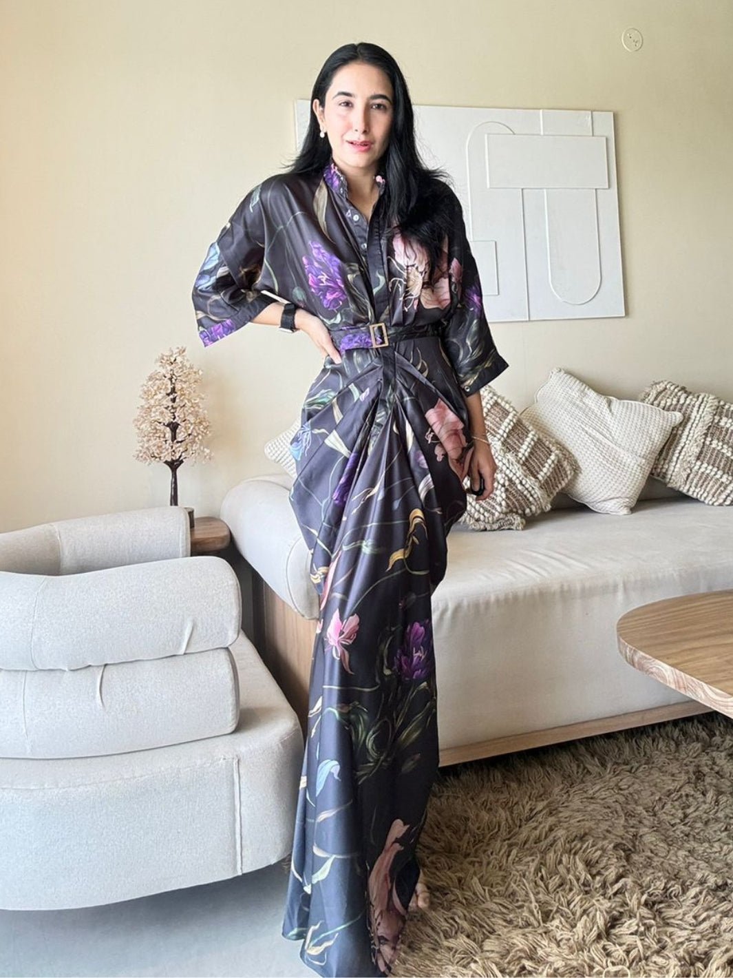 Black Floral Satin Pleated Maxi Gown with Belt